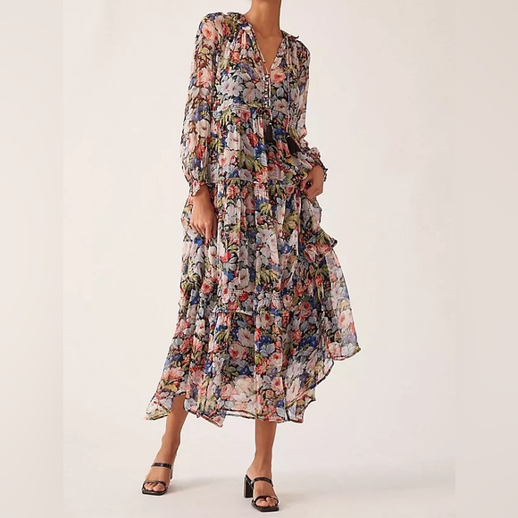Anthropologie Dresses & Skirts - Anthropologie Floral Long-Sleeve Tiered Maxi Dress in Black Multi